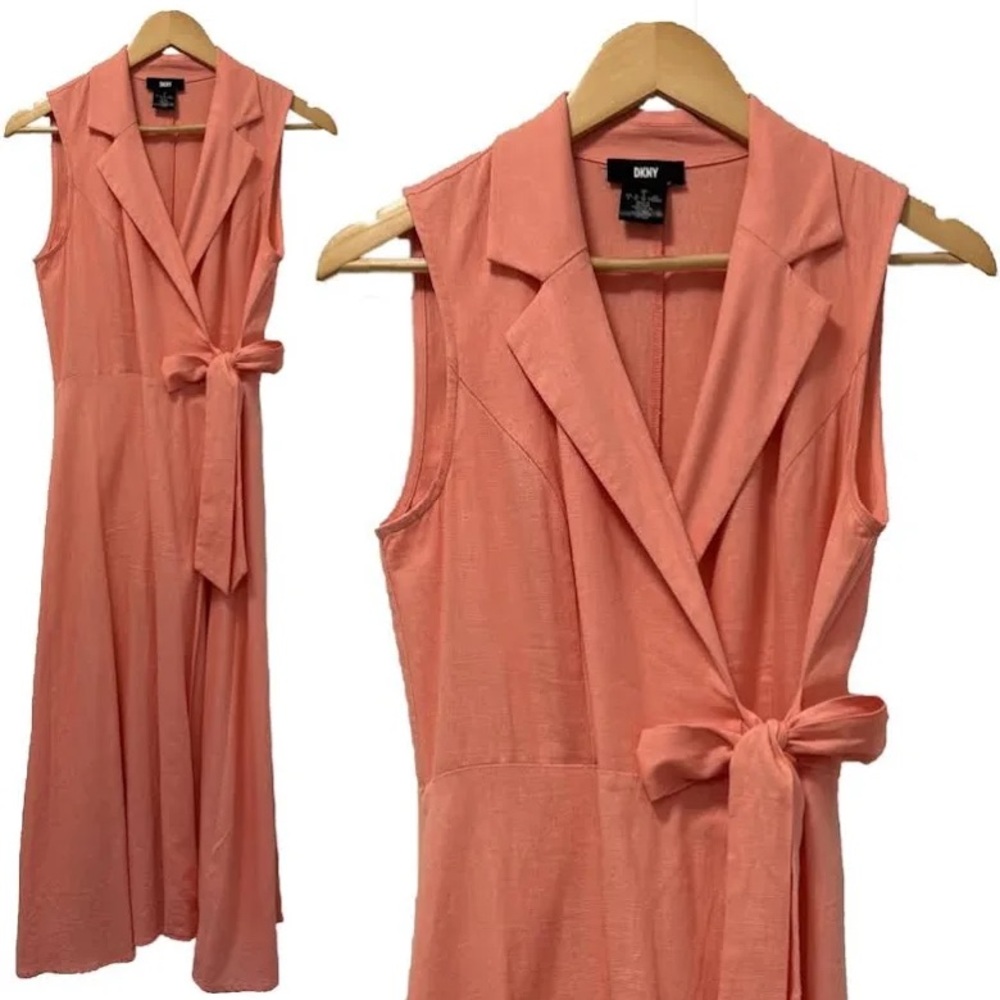 DKNY Coral/Peach Linen-blend Sleeveless Blazer Style Wrap Dress